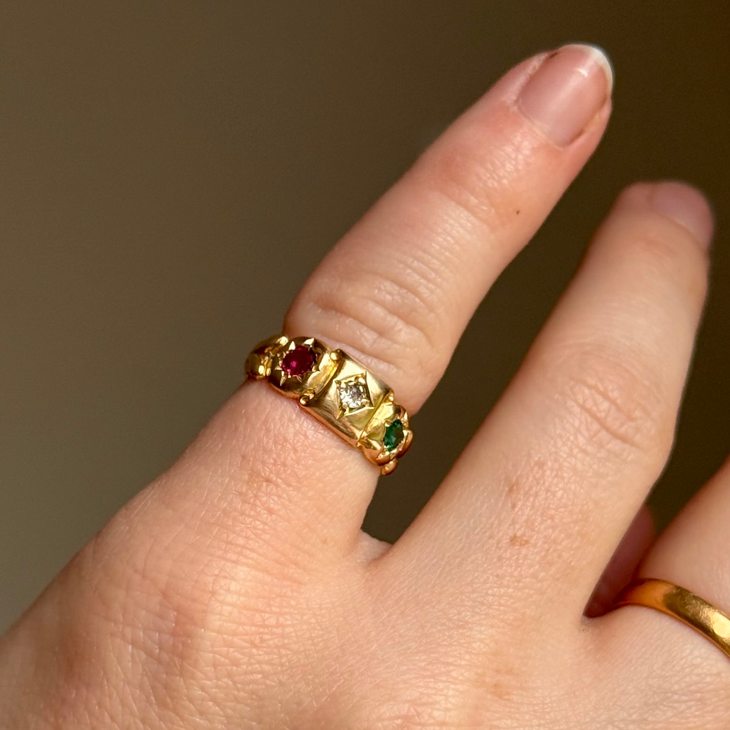 Antique Edwardian Diamond, Ruby & Emerald Ring in 18 Carat Gold