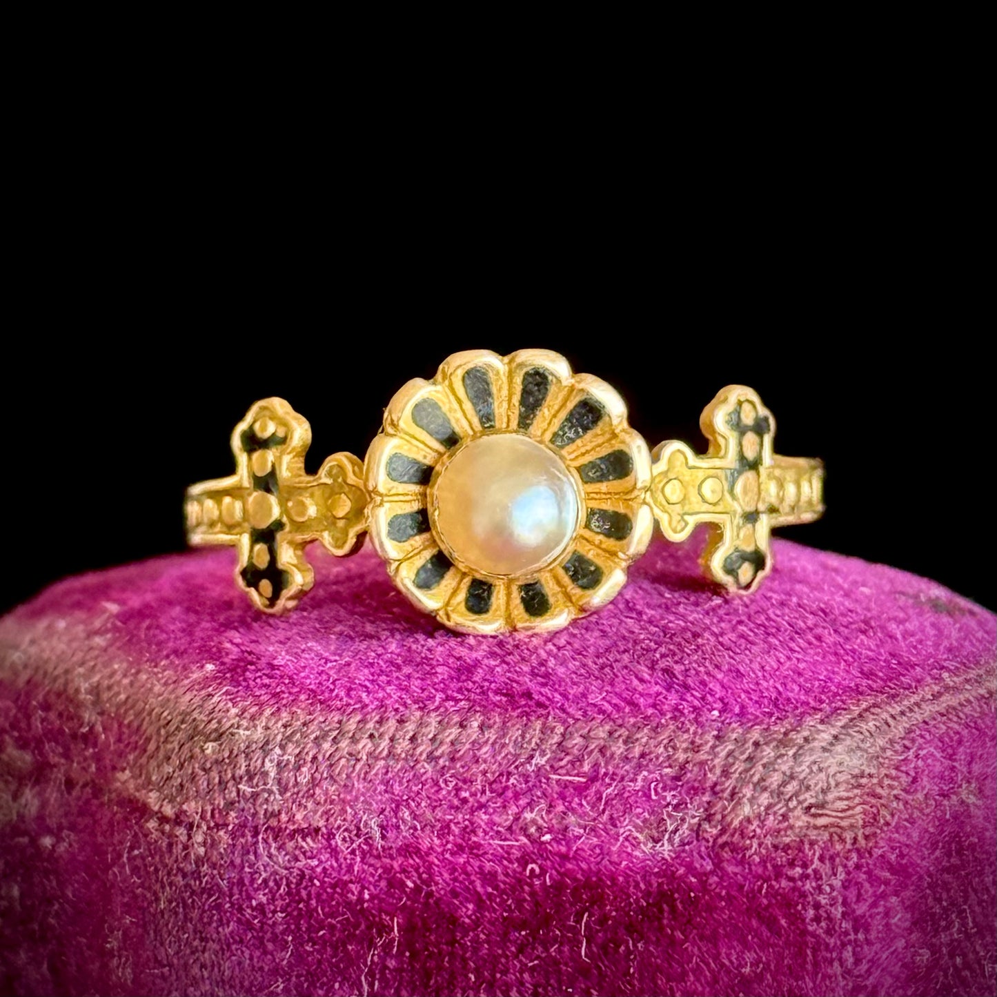 Antique Victorian Pearl & Enamel Ring; Circa 1850