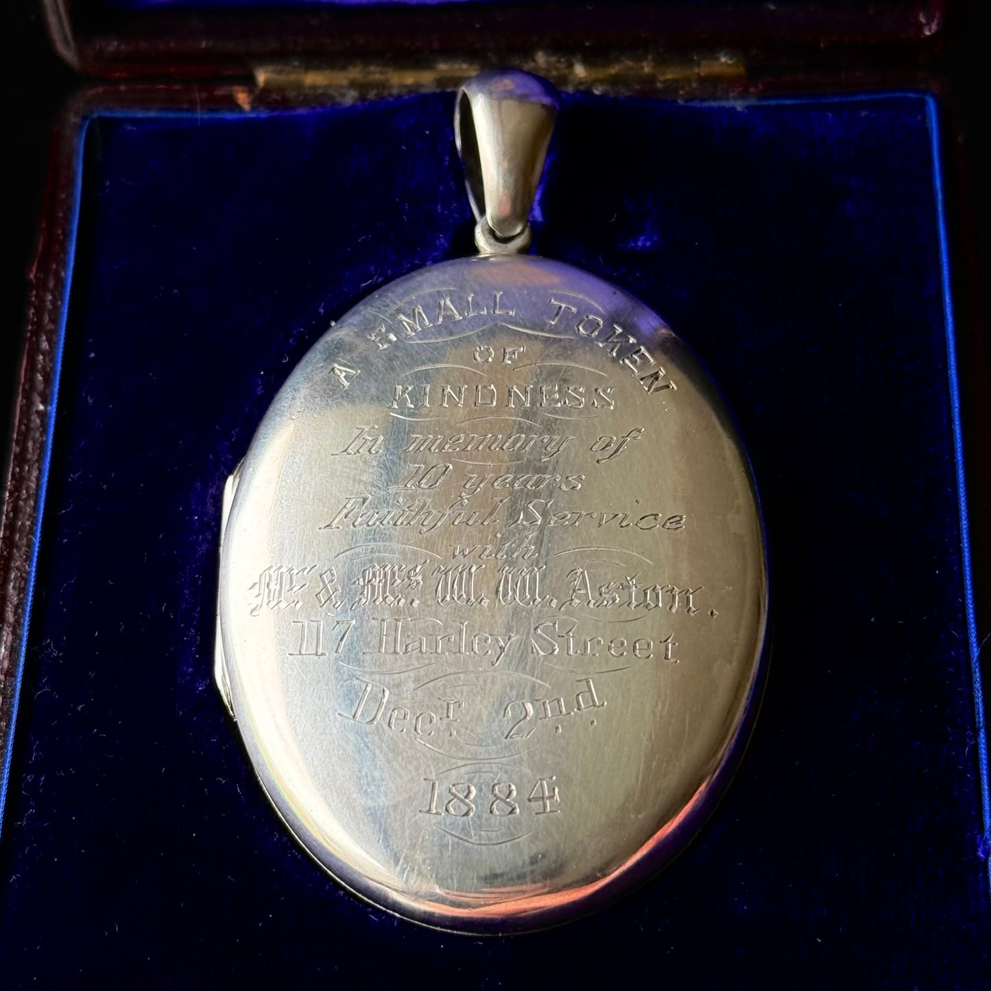 Victorian Engraved Presentation Locket Boxed; Circa 1884