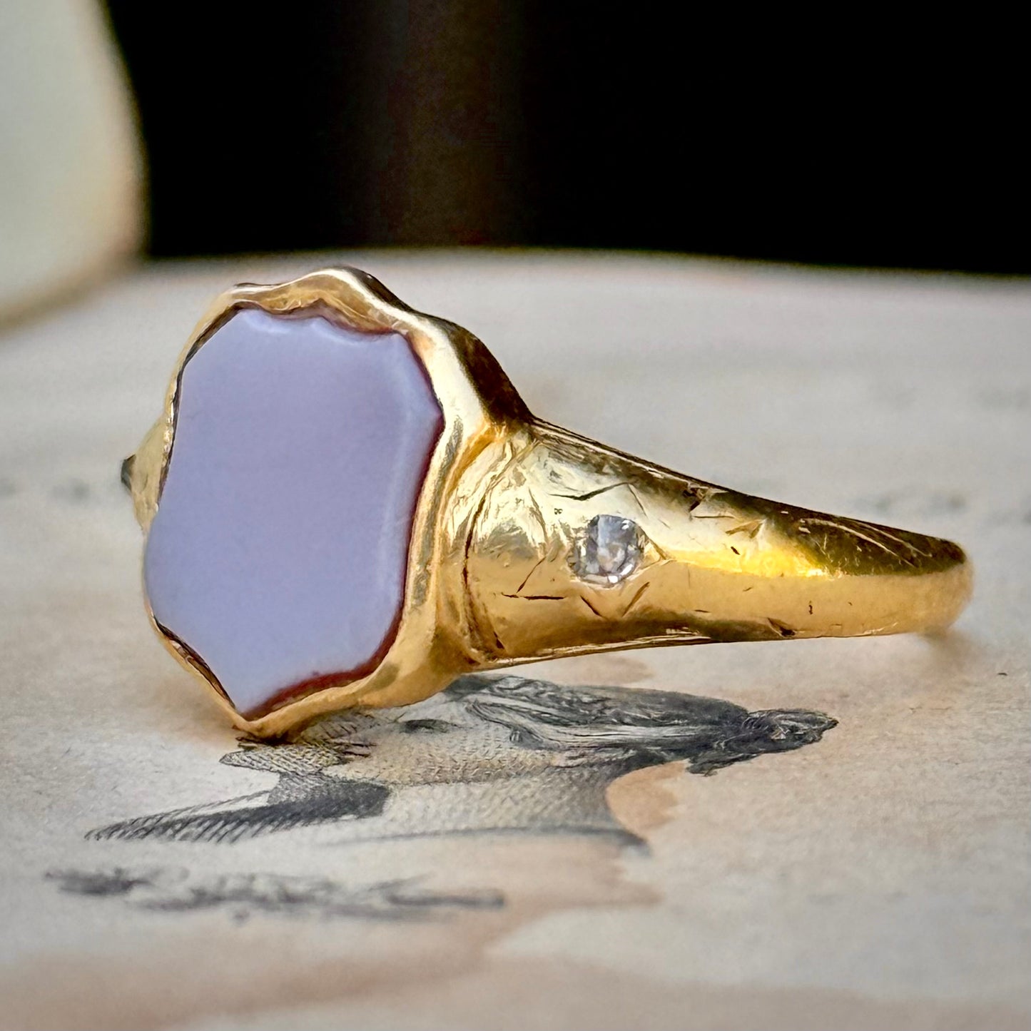 Antique Victorian Diamond Mourning Signet; Circa 1858