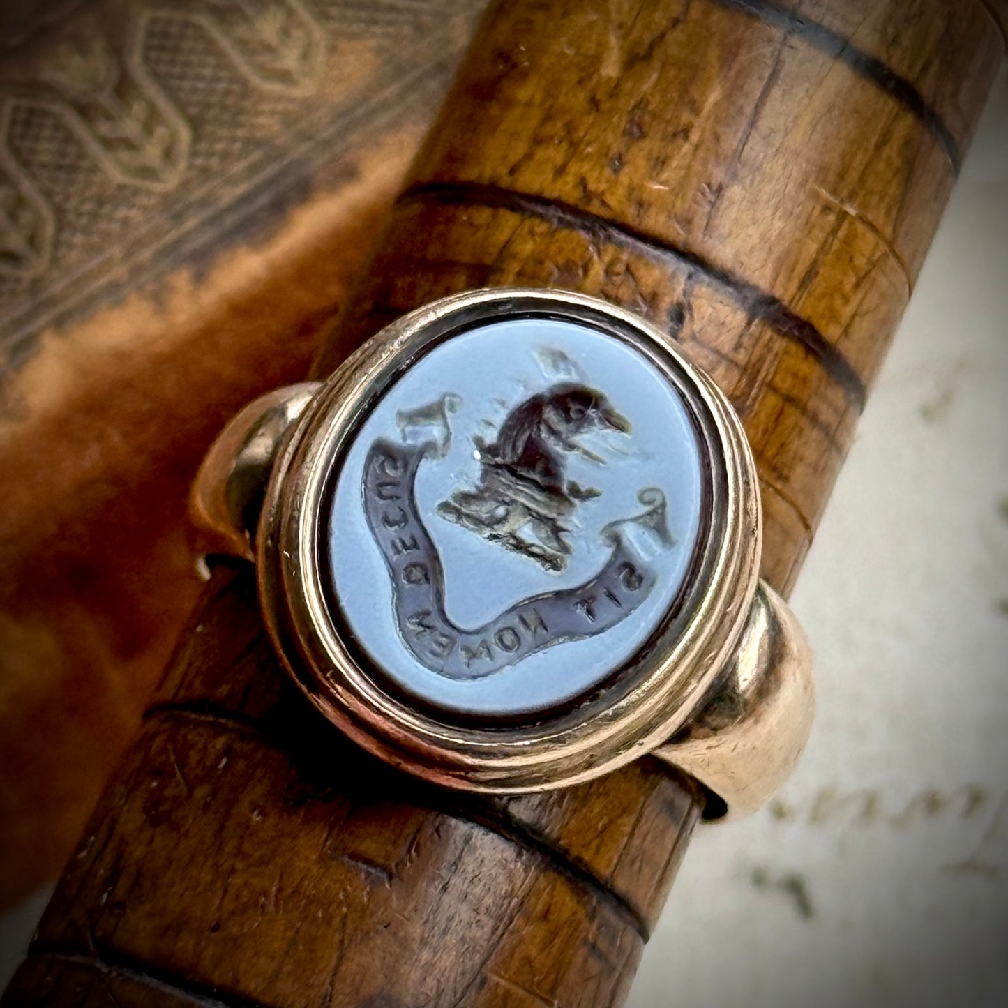 Antique Victorian Sardonyx Signet Ring in 9 Carat Rose Gold; Circa 1897