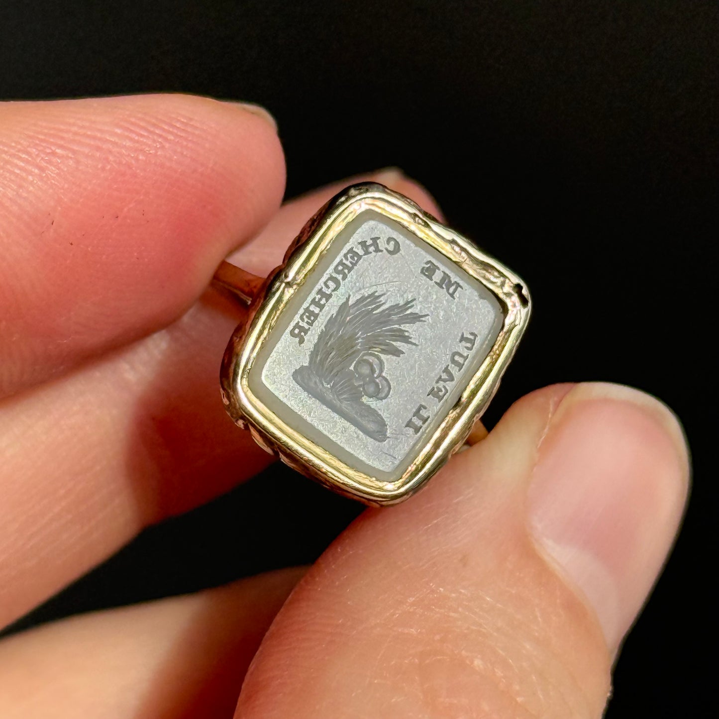 Antique French Lovers Intaglio Ring in 9 Carat Gold