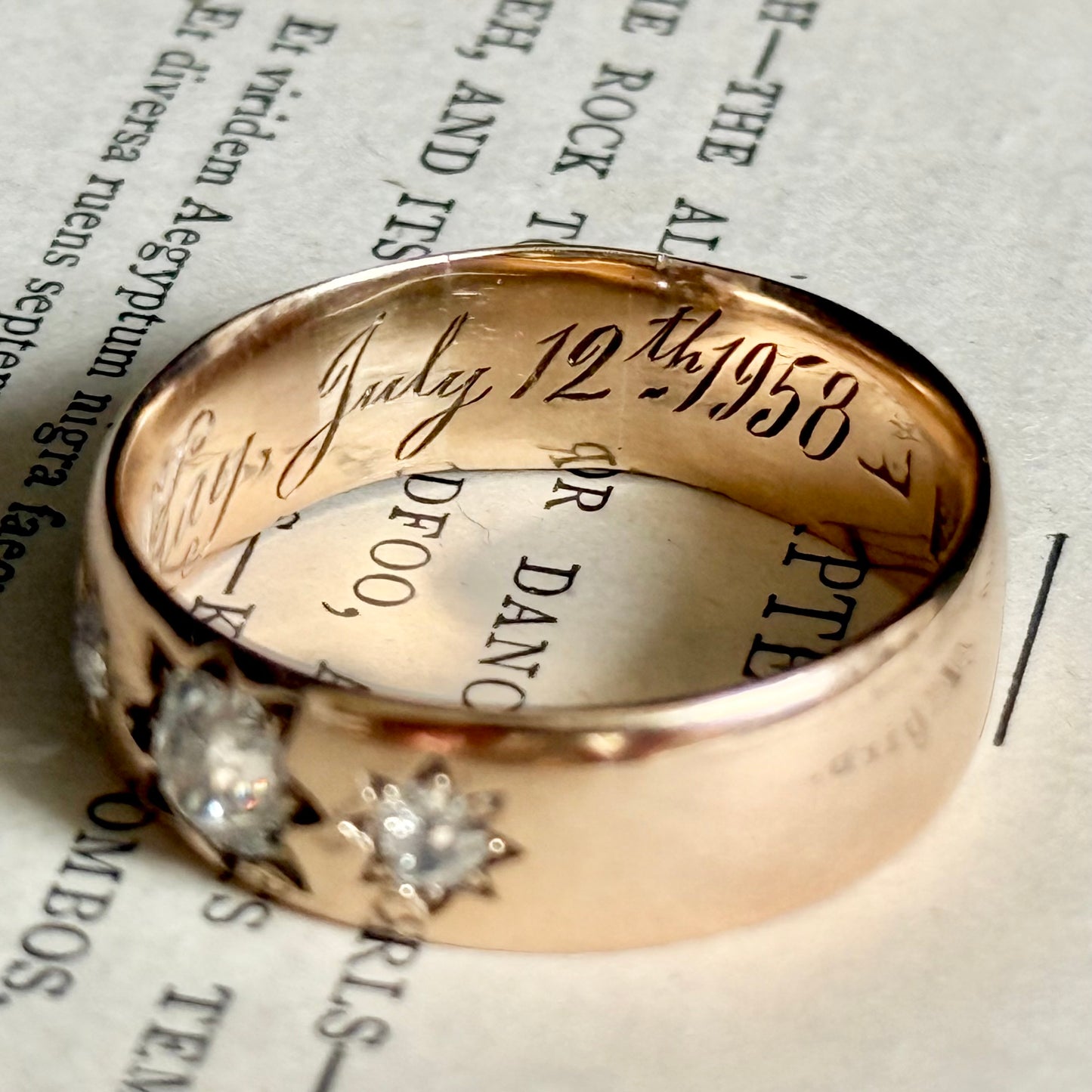 Antique Diamond Trilogy in 9 Carat Rose Gold Ring; Circa 1899