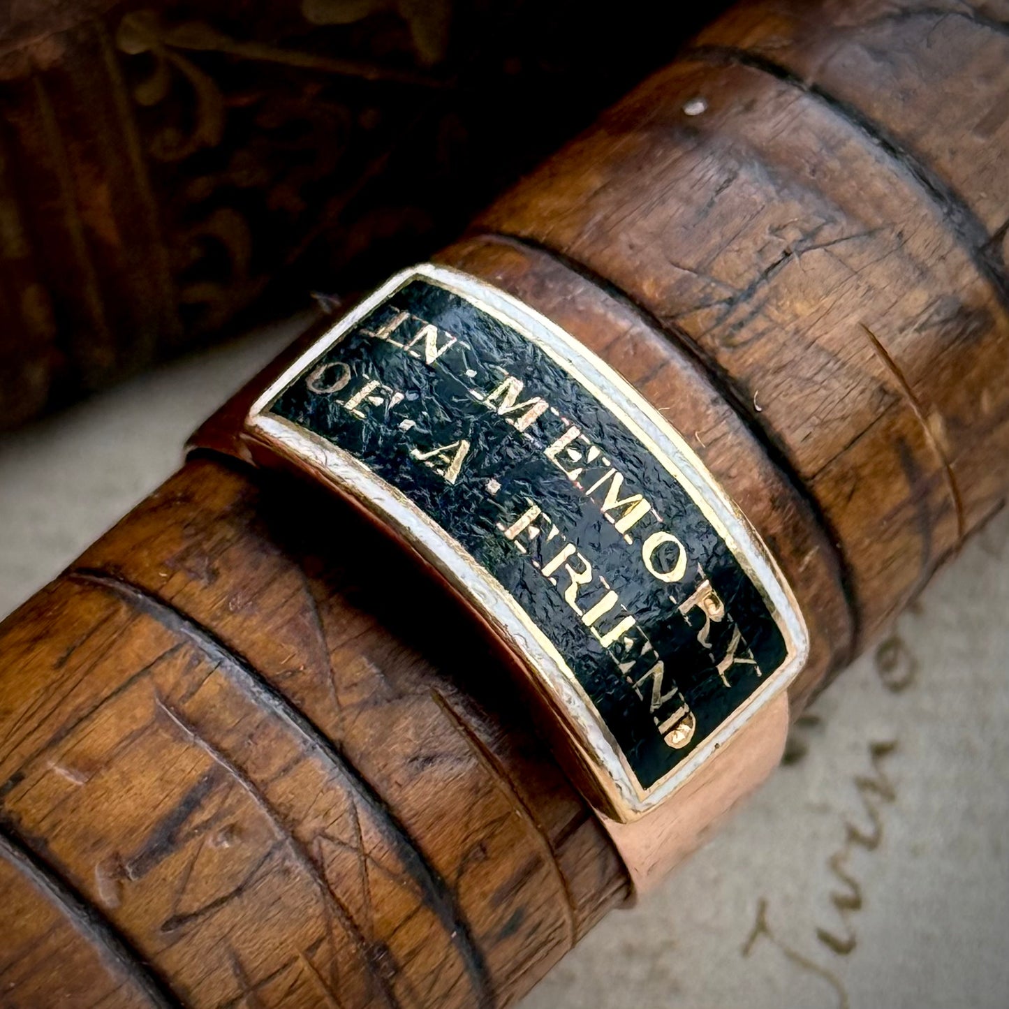 Antique Victorian 'In Memory of a Friend' Mourning Ring in 9 Carat Gold; Circa 1860