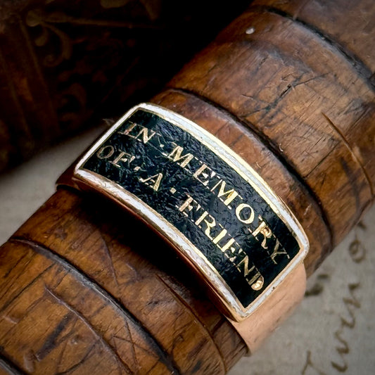 Antique Victorian 'In Memory of a Friend' Mourning Ring in 9 Carat Gold; Circa 1860