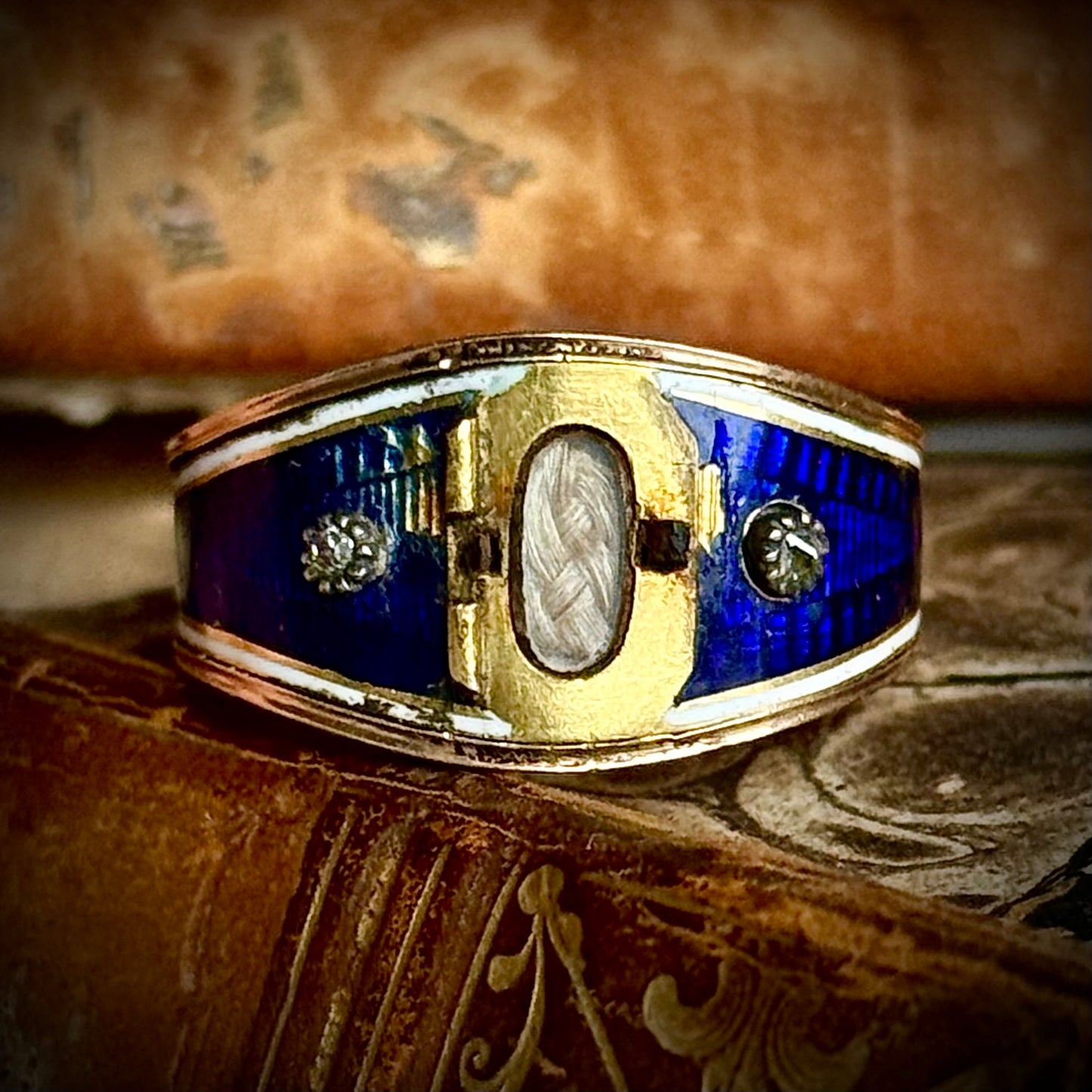 Antique Diamond & Enamel Locket Ring in 15 Carat Gold; Circa 1837