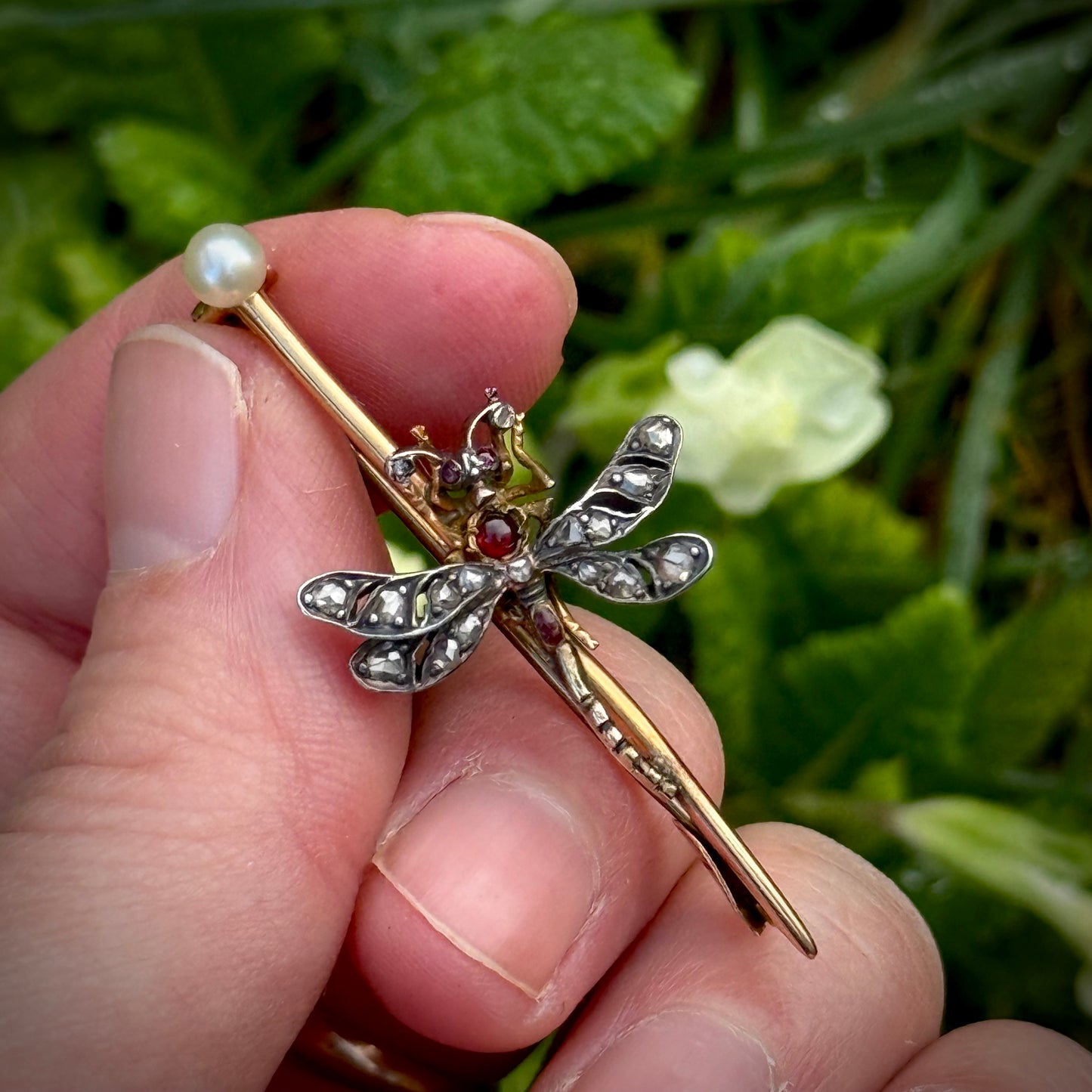 Victorian Diamond, Garnet & Pearl Dragonfly Brooch; Circa 1890
