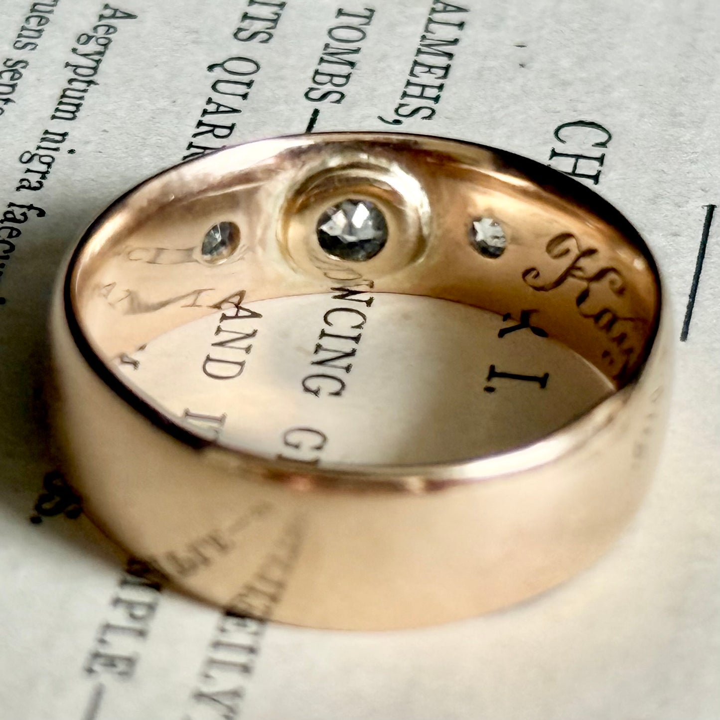 Antique Diamond Trilogy in 9 Carat Rose Gold Ring; Circa 1899