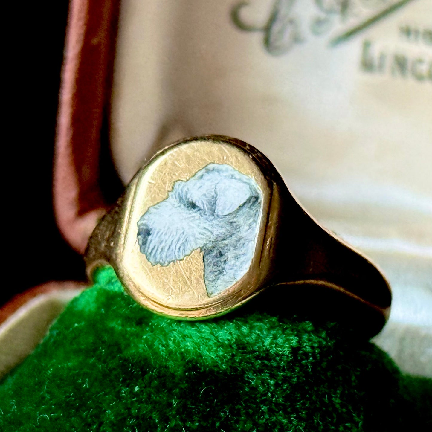 Antique Enamel 'Wycollar' Wire Fox Terrier Signet Ring in 18 Carat Gold