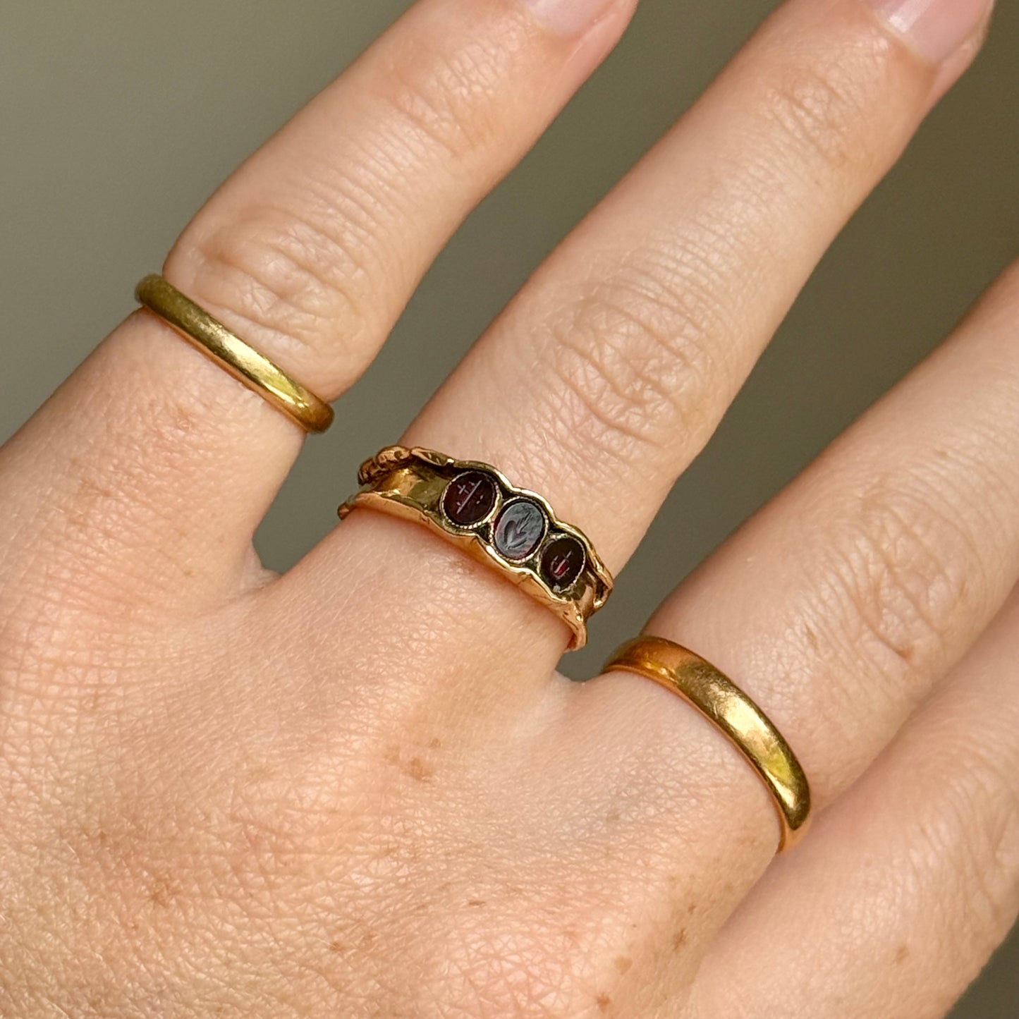 Vintage Garnet Faith, Hope and Charity Intaglio Ring