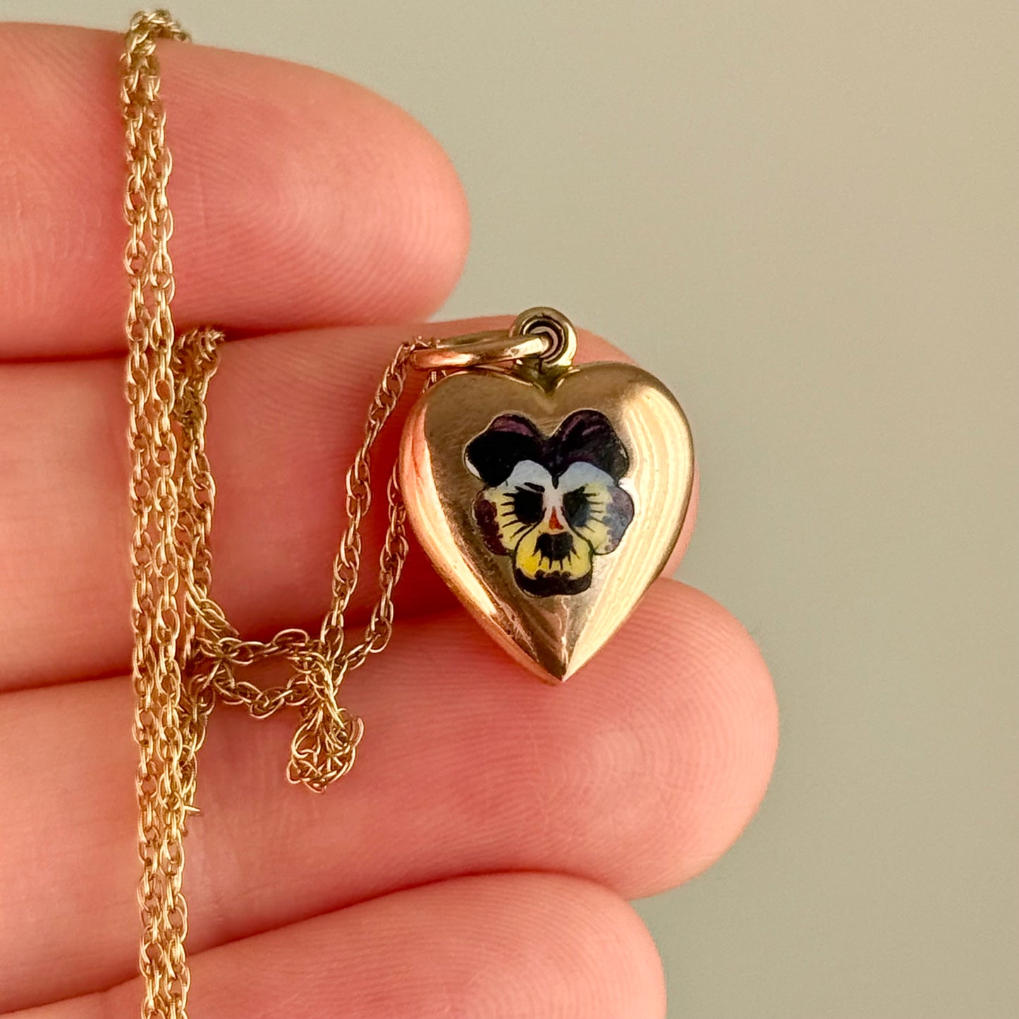 Exquisite Enamel Pansy Heart Pendant in 9 Carat Gold; Circa 1880