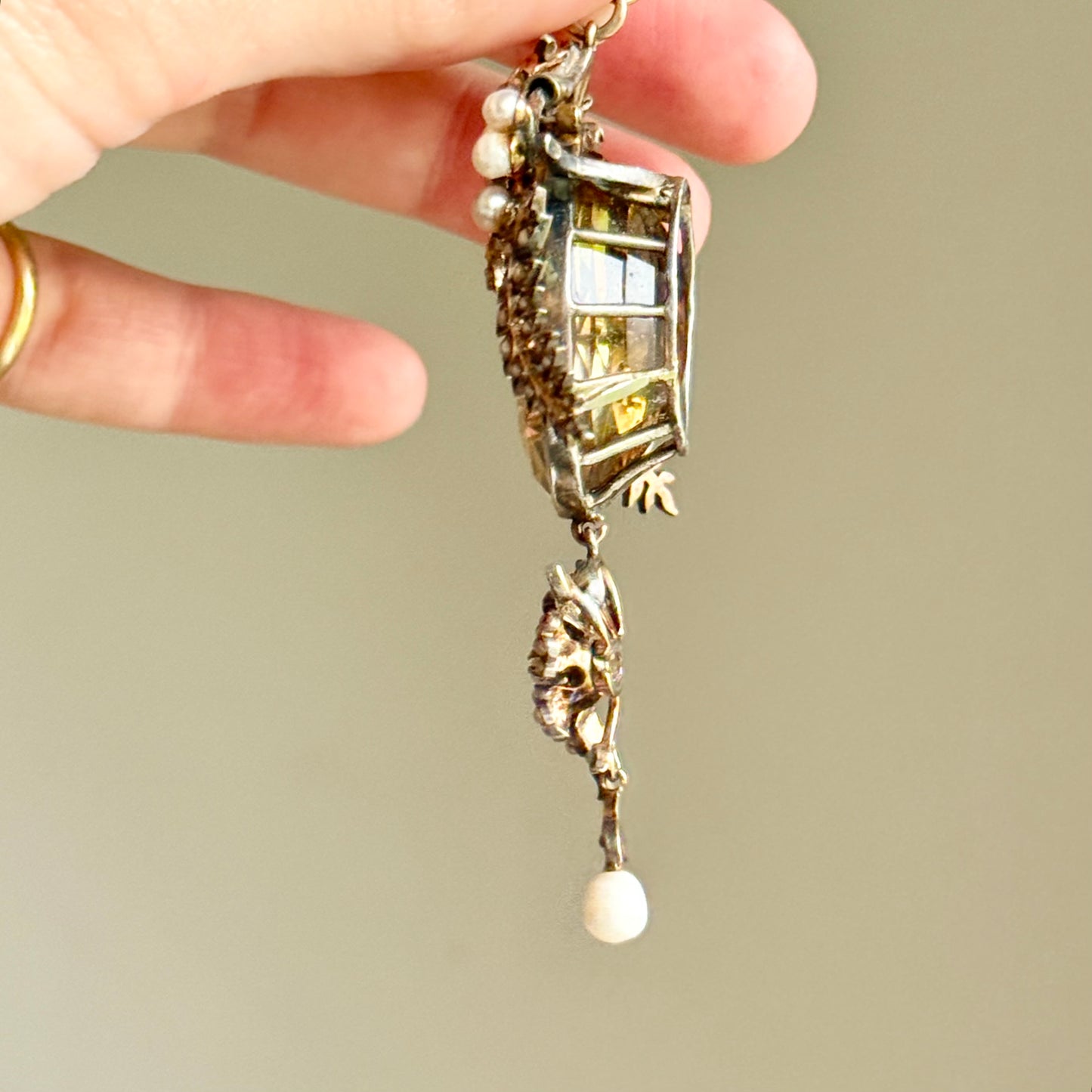 Antique Citrine & Pearl Pendant in Silver & Gold