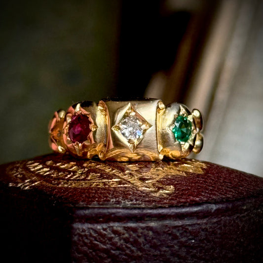 Antique Edwardian Diamond, Ruby & Emerald Ring in 18 Carat Gold