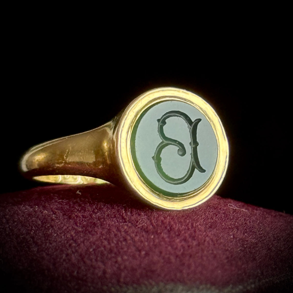 Antique Chalcedony 'B' Intaglio Ring in 18 Carat Gold; Circa 1880