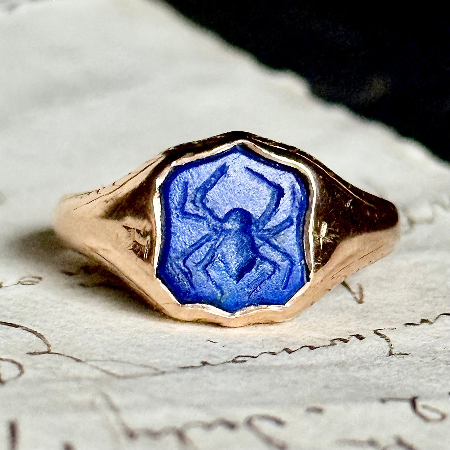 Spider Carved Lapis Lazuli Ring in 15 Carat Gold