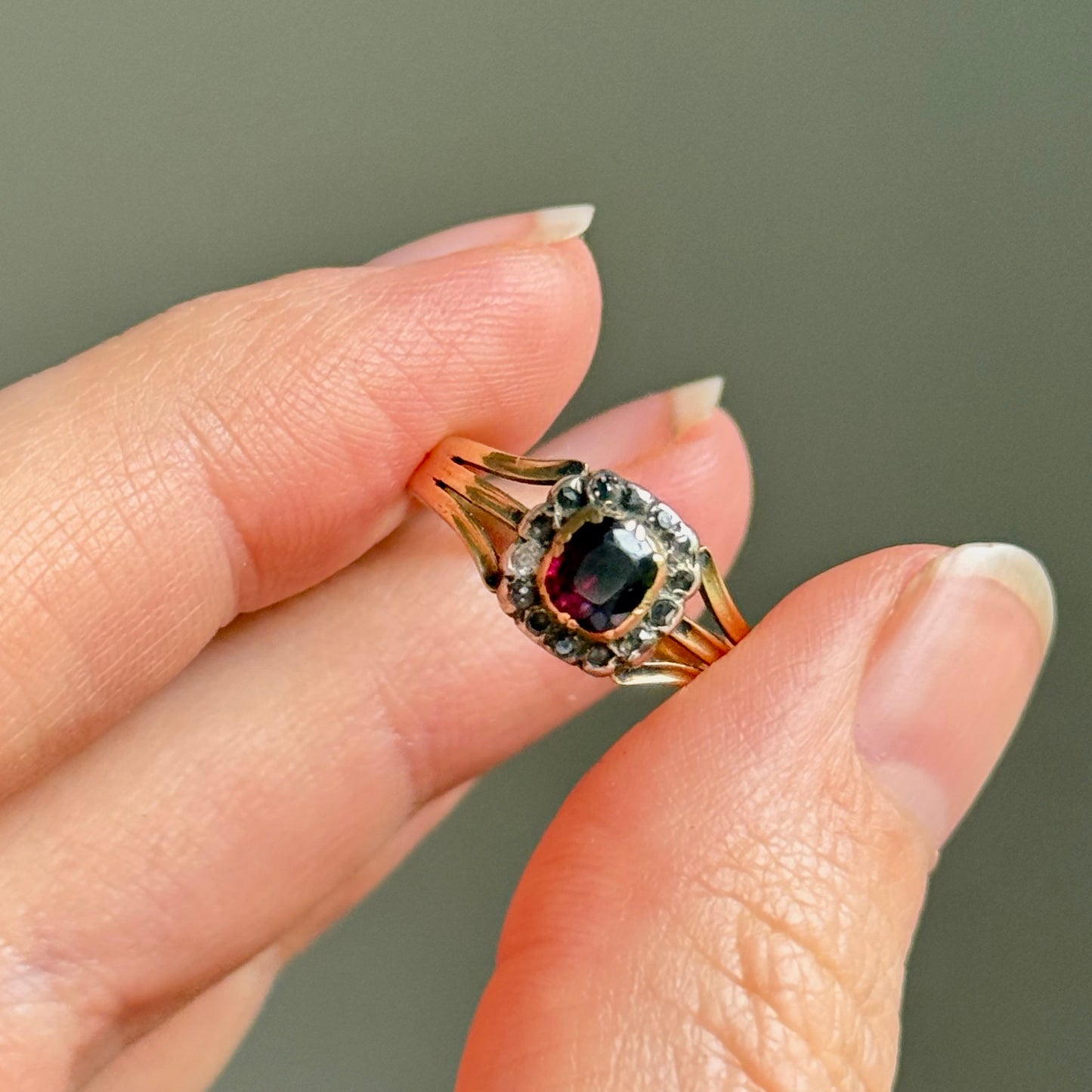 Antique Georgian Garnet & Diamond Ring in 15 Carat Gold; Circa 1830