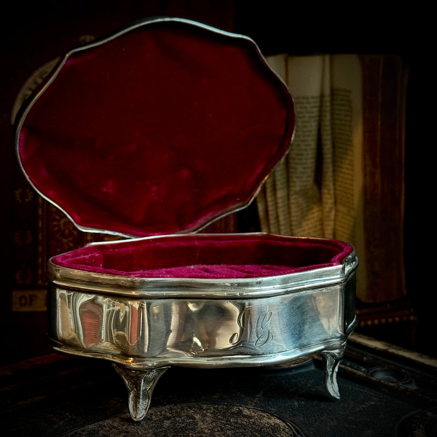Antique Sterling Silver & Velvet Jewellery Box, England 1912