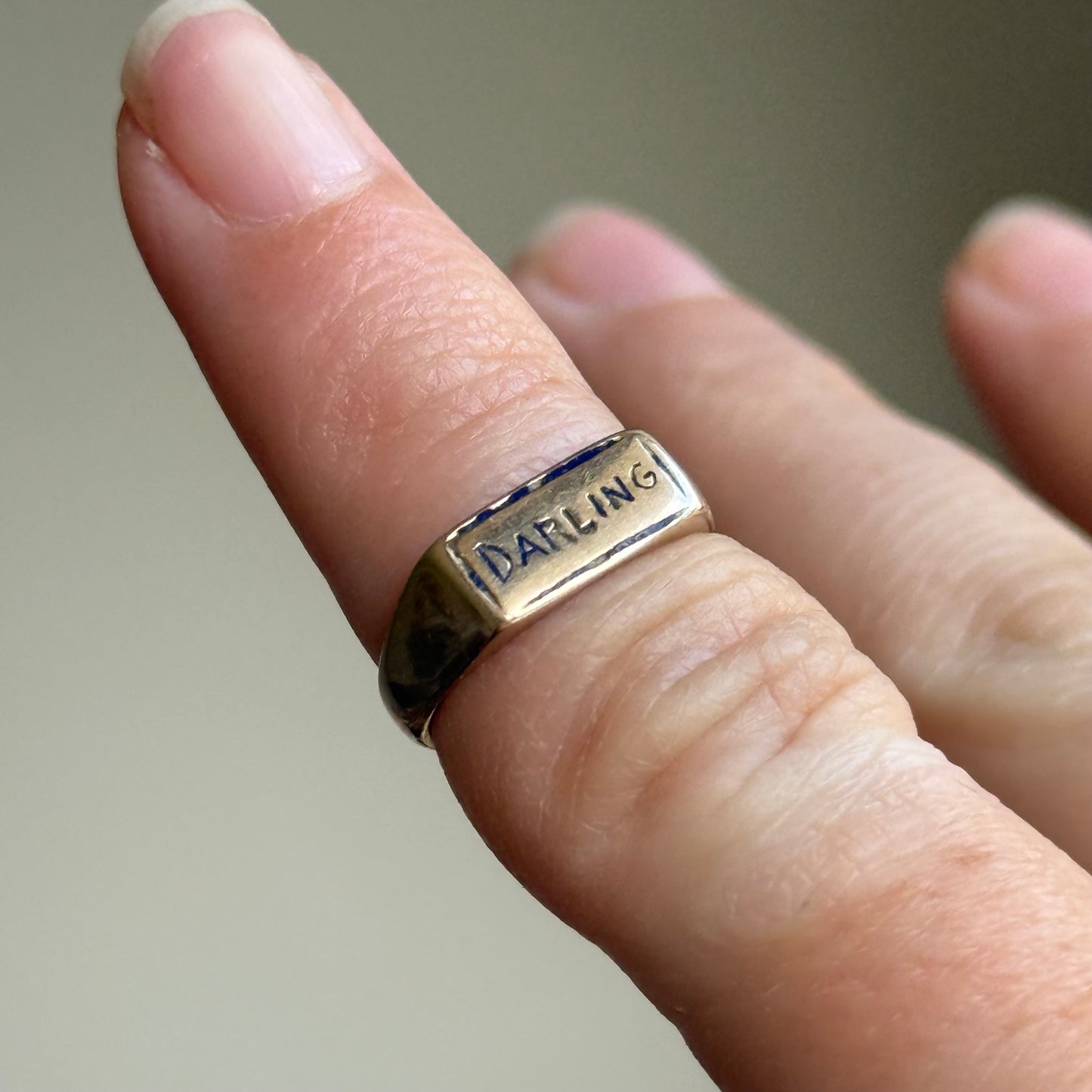 Antique Enamel 'Darling' Baby Ring in 14 Carat Gold