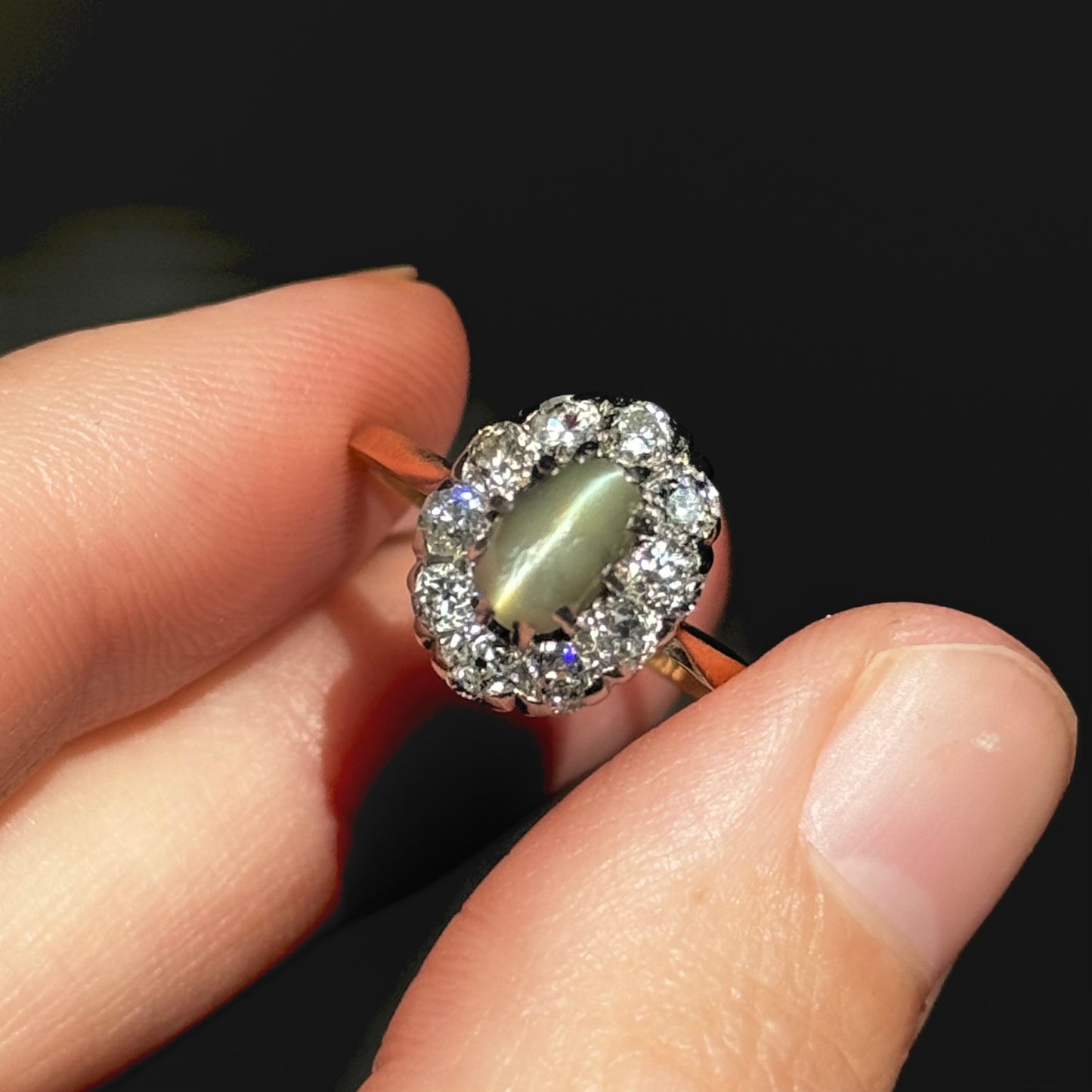 Antique Cat’s Eye Chrysoberyl & Diamond Halo Ring in 18 Carat Gold