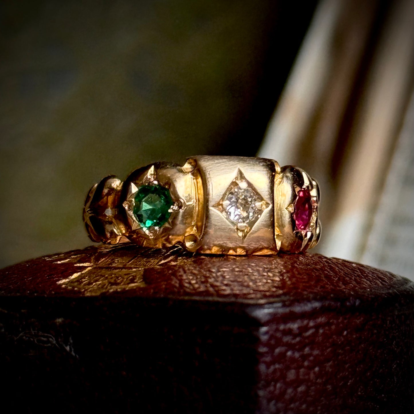 Antique Edwardian Diamond, Ruby & Emerald Ring in 18 Carat Gold