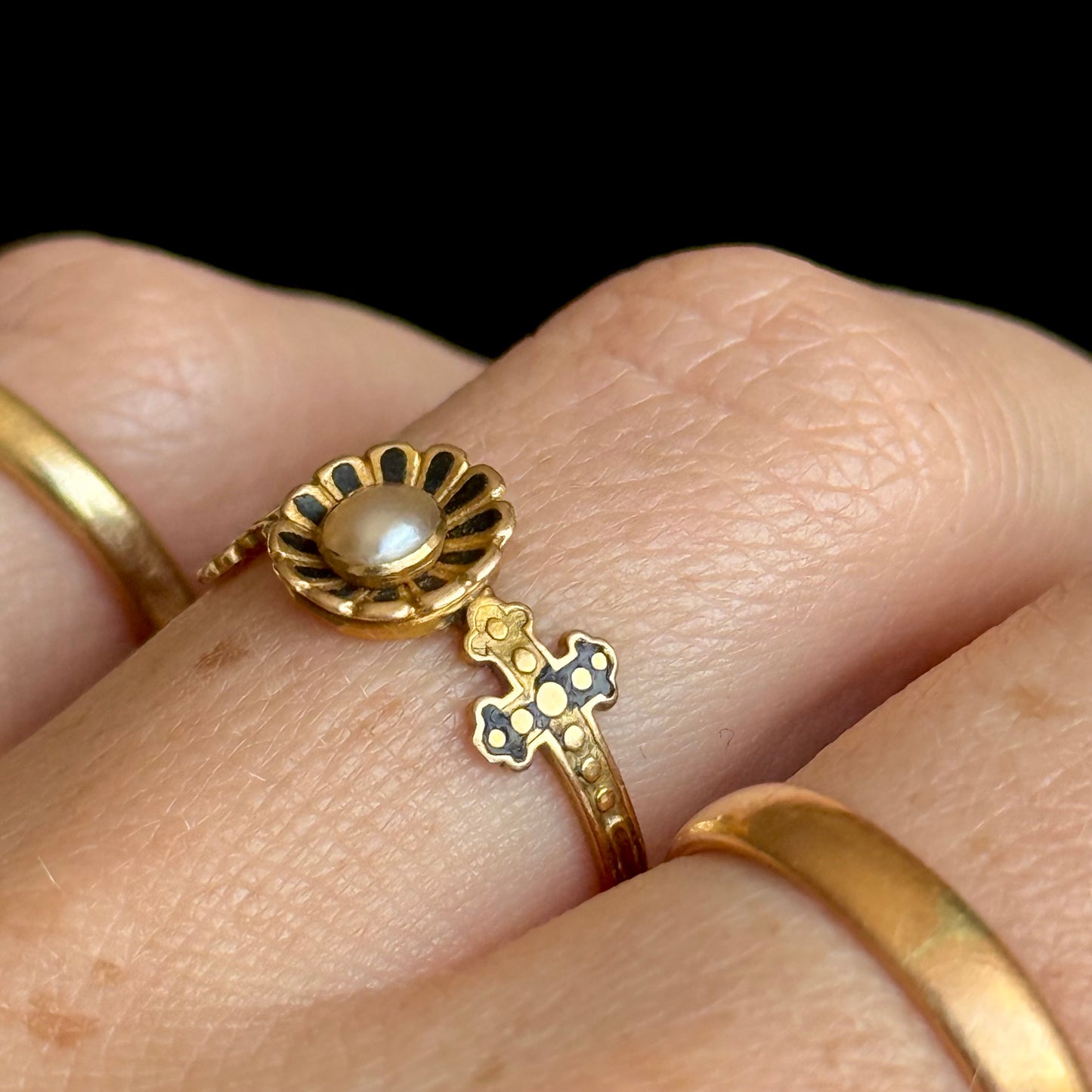 Antique Victorian Pearl & Enamel Ring; Circa 1850