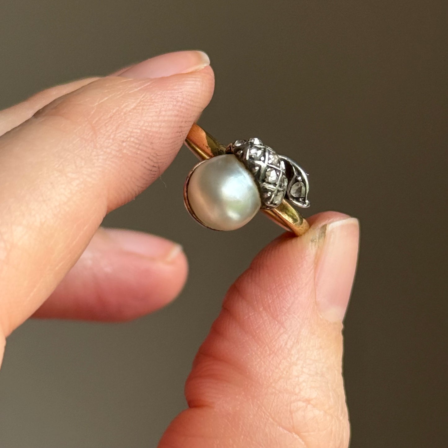 Antique Diamond & Pearl Acorn Ring in 18 Carat Gold