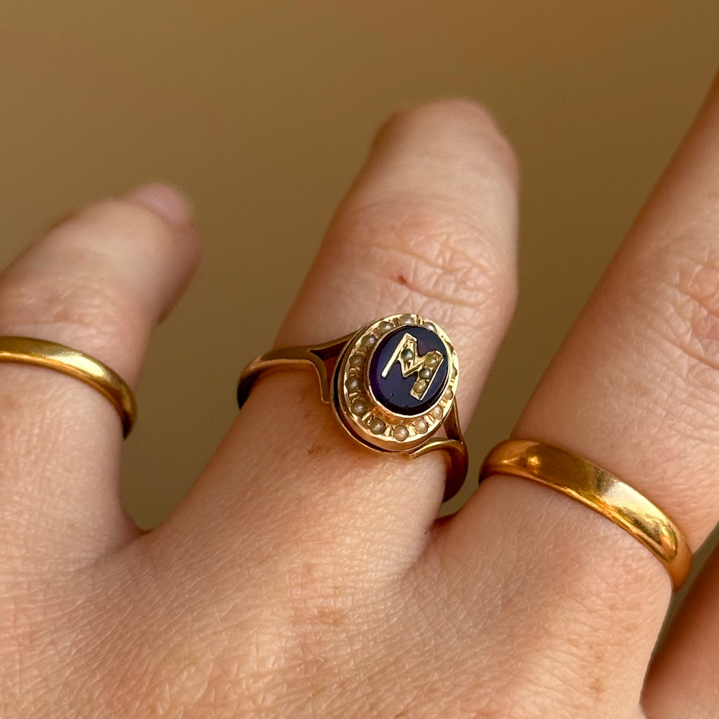 Antique Purple Paste & Pearl Initial 'M' Ring in 9 Carat Gold