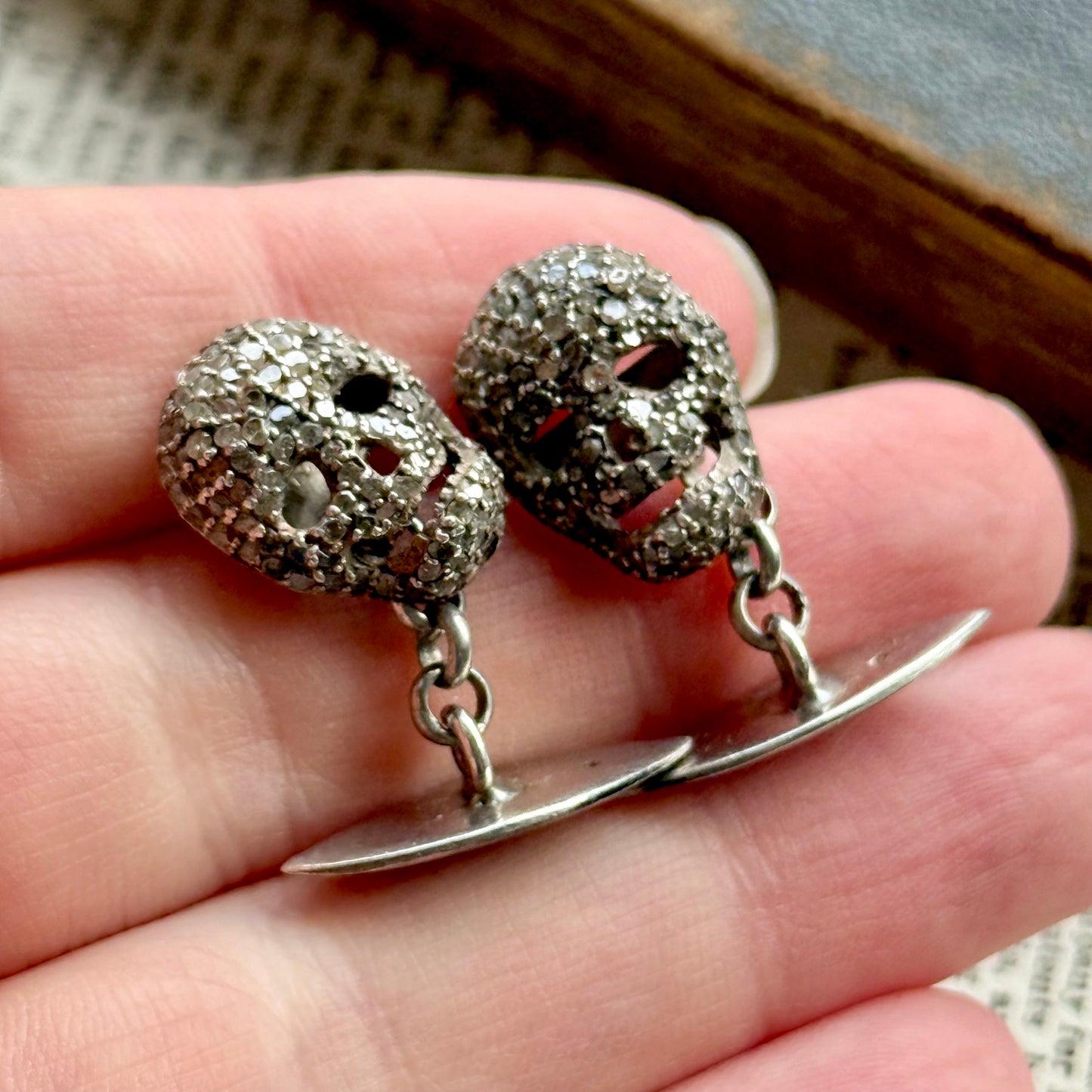 Preloved Silver & Diamond Skull Cufflinks with Black Enamel Detail