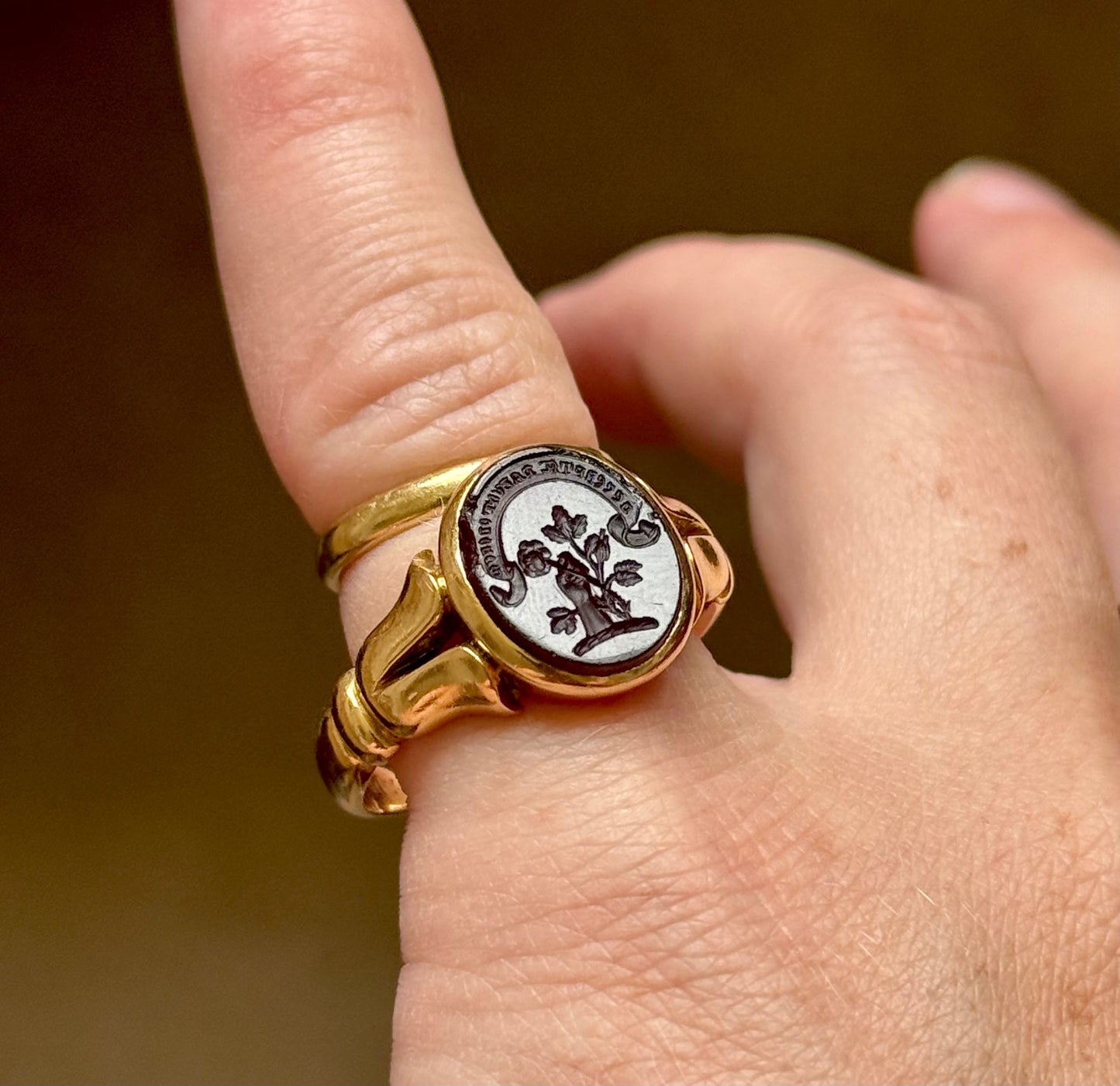 Victorian Carnelian Rose Intaglio Signet Ring; Circa 1891