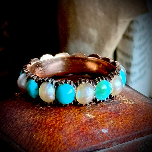 Georgian Rare Turquoise & Pearl Full Eternity in 9 Carat Gold