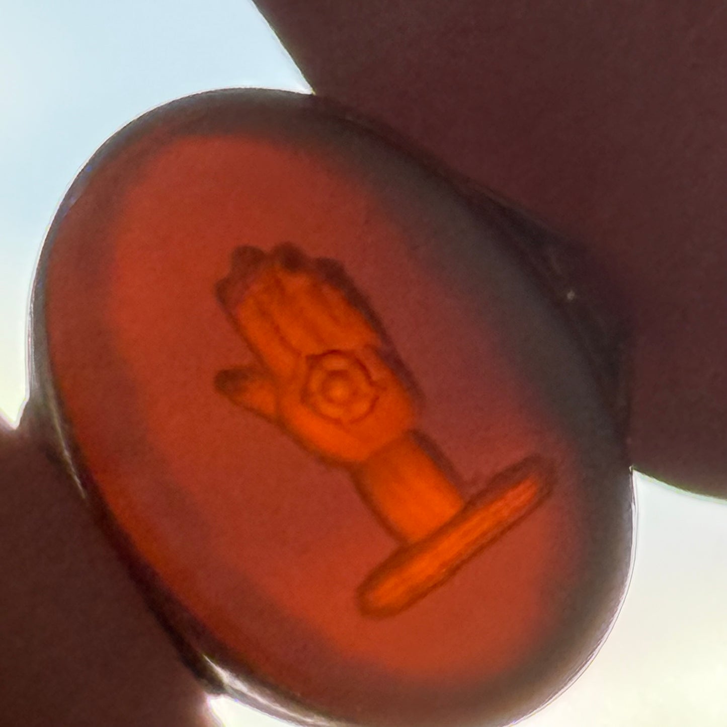 Tiny Sardonyx Hand Intaglio Ring in 9 Carat Gold; Circa 1980