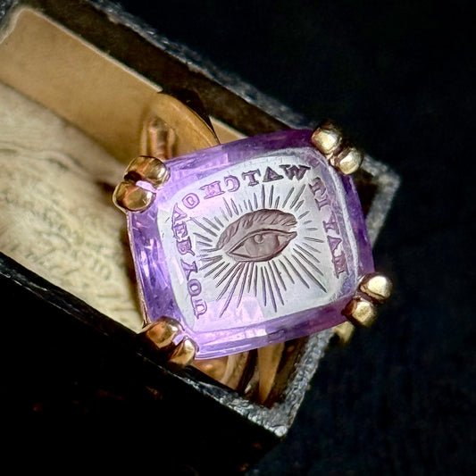 Vintage Amethyst Intaglio “May It Watch Over You” Ring in 9 Carat Gold
