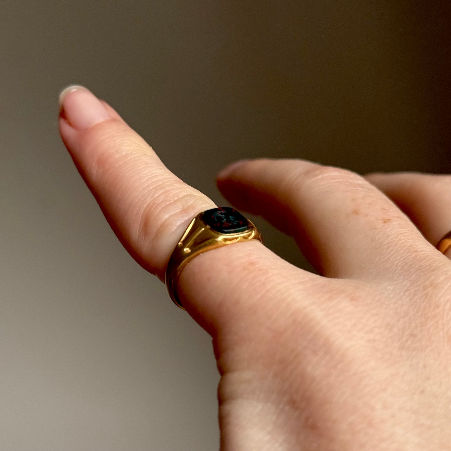 Antique Bloodstone 'E' Signet Ring in 18 Carat Gold