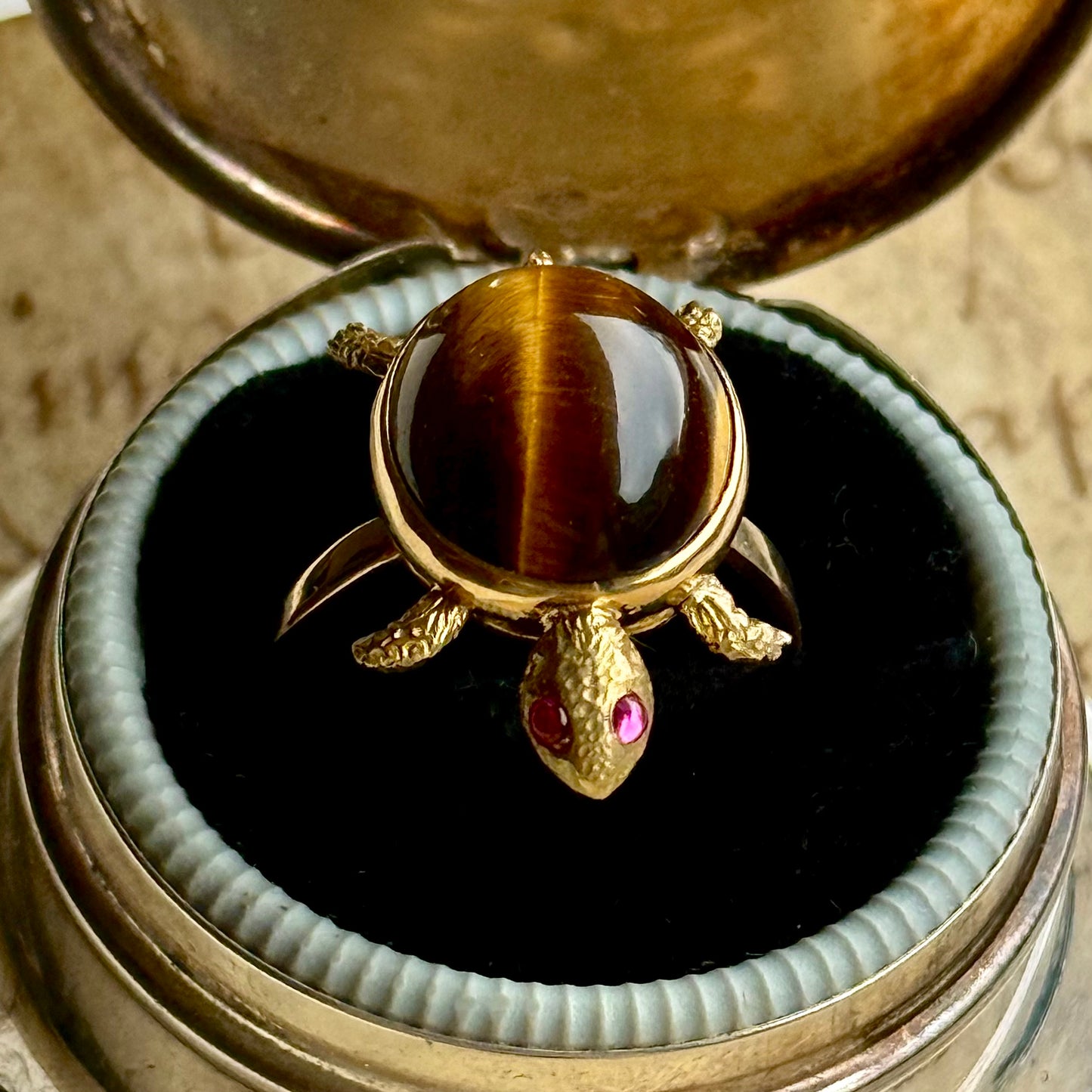 Vintage Tiger's Eye & Ruby Turtle Ring in 9 Carat Gold