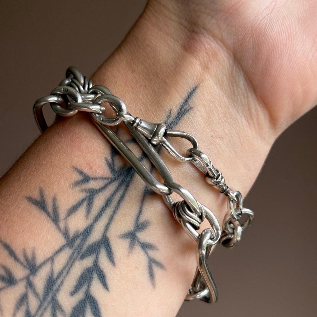 Victorian Heavy Trombone & Lover's Knot Chain in Silver; circa 1893