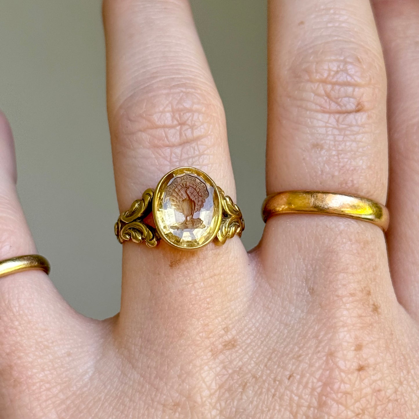 Sublime Citrine Intaglio Peacock Ring in 18 Carat Gold