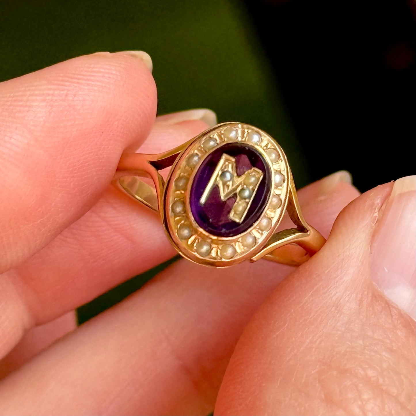 Antique Purple Paste & Pearl Initial 'M' Ring in 9 Carat Gold