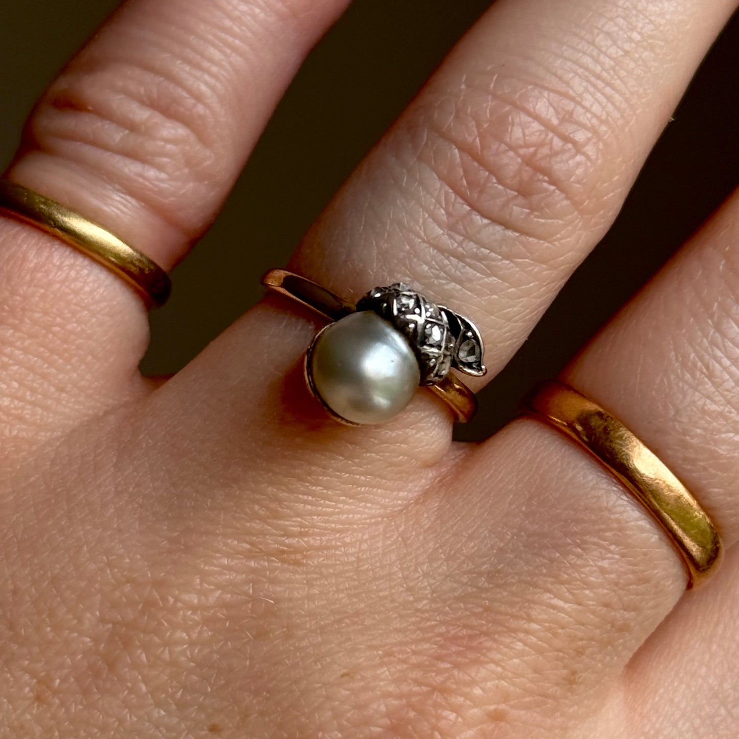 Antique Diamond & Pearl Acorn Ring in 18 Carat Gold