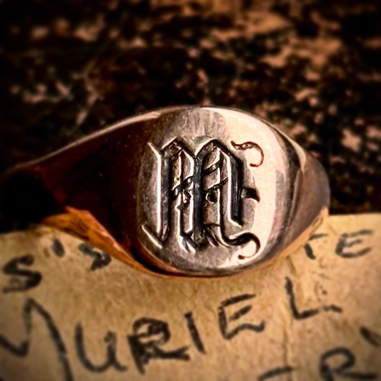 Antique Monogram 'M' Signet Ring in 9 Carat Rose Gold; Circa 1919