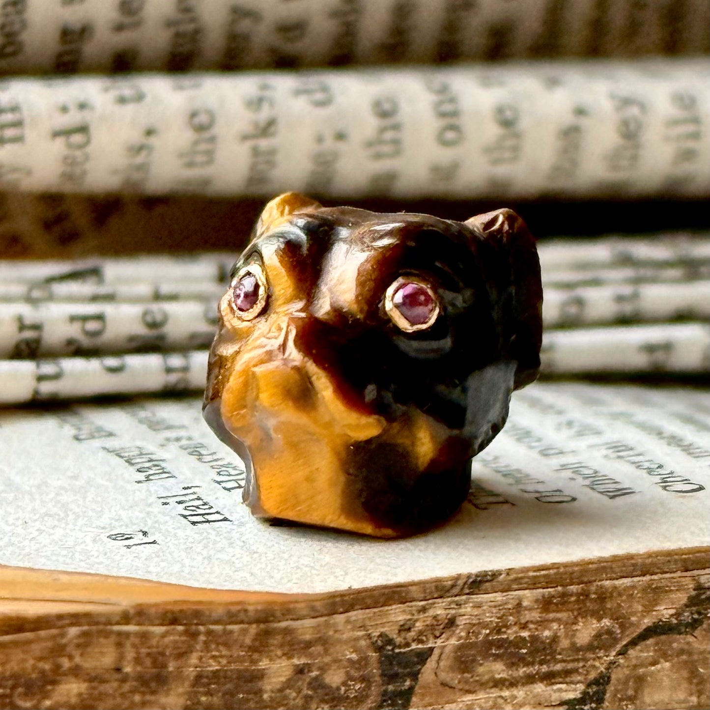 Antique Carved Tiger's Eye Pug Pendant With Ruby Eye's
