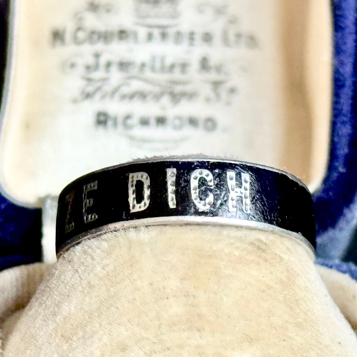 Victorian 'Gott Schütze Dich' Enamel Ring In Silver; Circa 1880