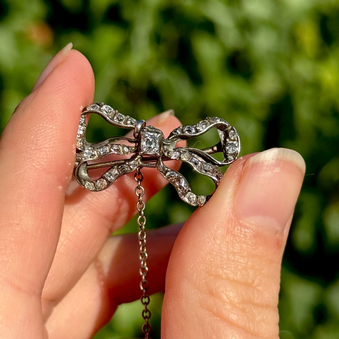 Mid Victorian Diamond Bow Brooch in Silver and Gold; Circa 1860