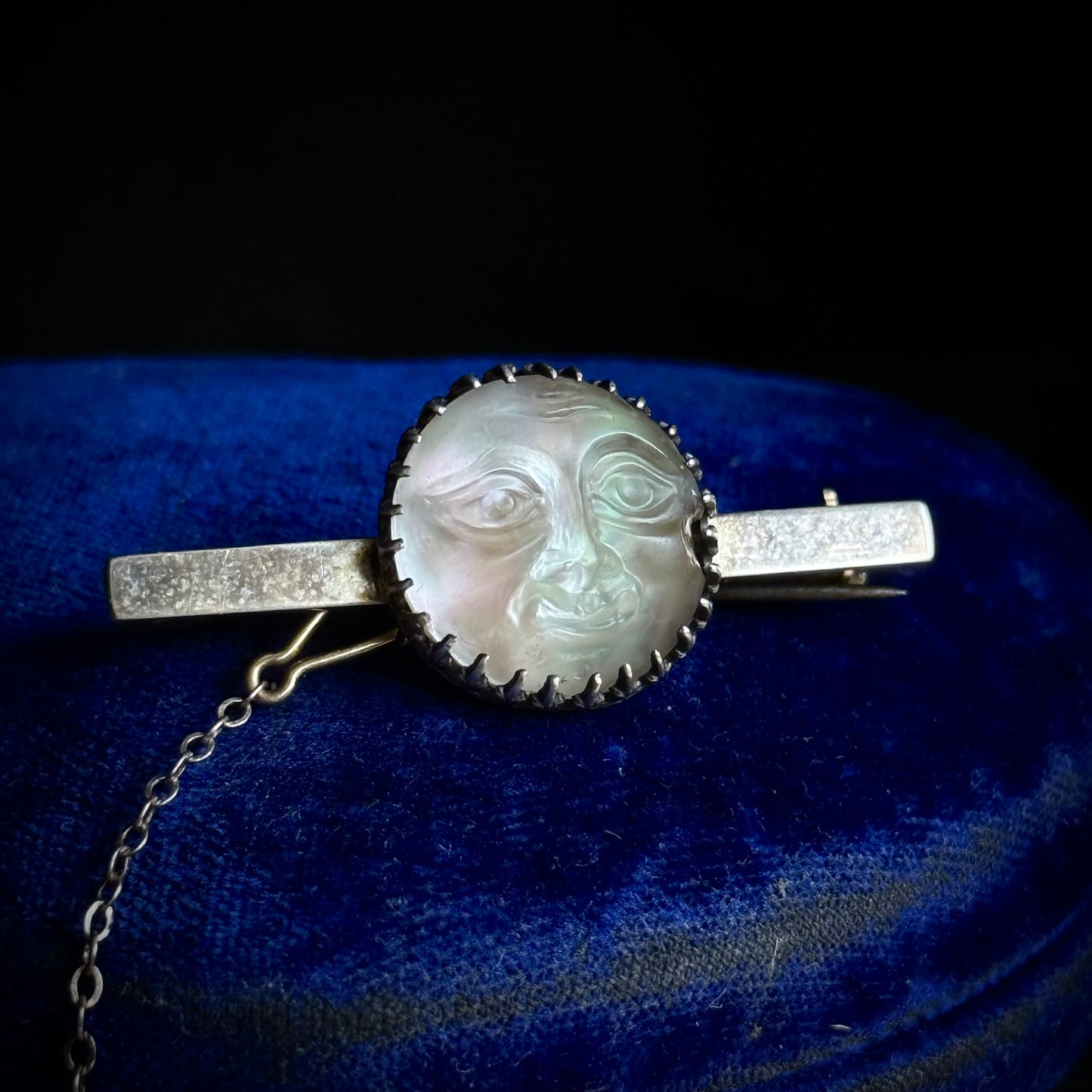 Victorian Man in the Moon Silver Brooch