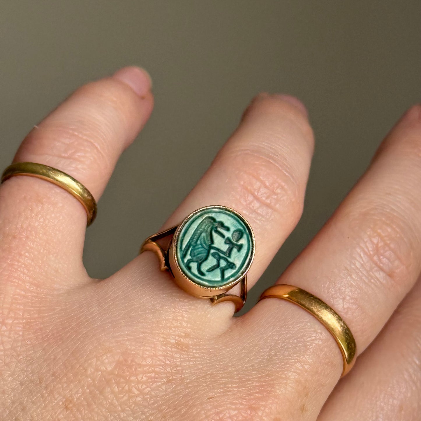 Antique Glazed Egyptian God Faience Ring in 9 Carat Gold