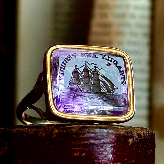 Georgian Amethyst Intaglio ‘Steadily and Proudly’ Conversion Ring,  Circa 18th Century