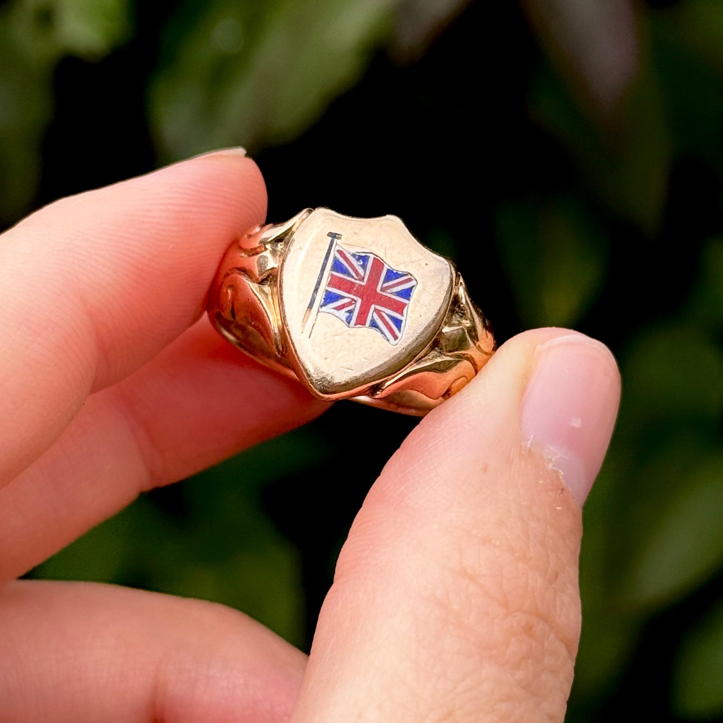 Antique First World War Enamel Signet Ring in 9 Carat Rose Gold; Circa 1914