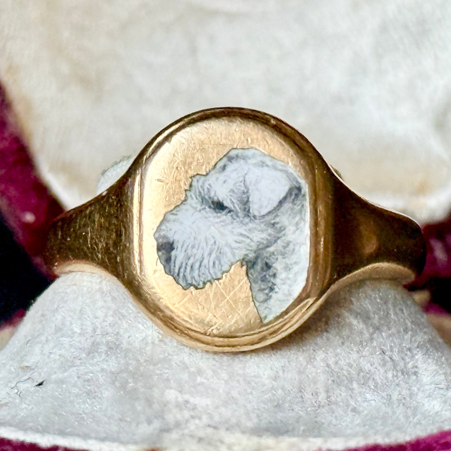 Antique Enamel 'Wycollar' Wire Fox Terrier Signet Ring in 18 Carat Gold