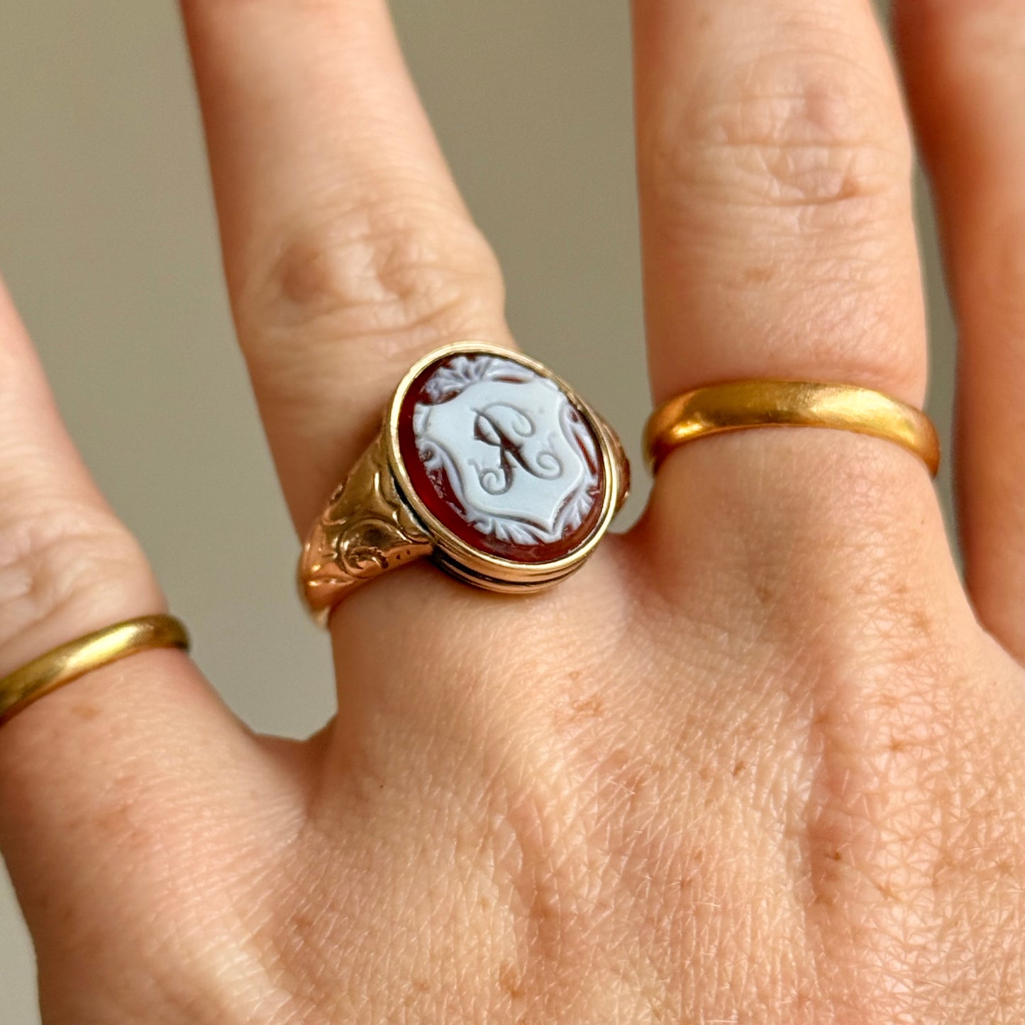 Antique Sardonyx 'R' Ring in 9 Carat Gold; Circa 1880