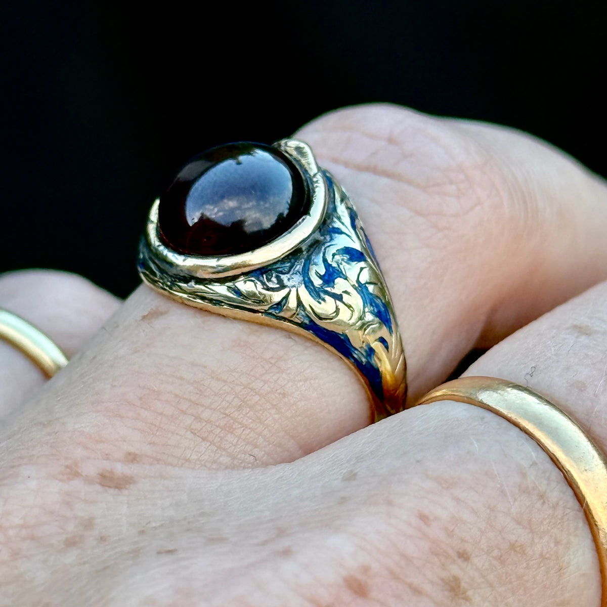 Antique Garnet Ouroboros Signet Ring in 9 Carat Gold; Circa 1870