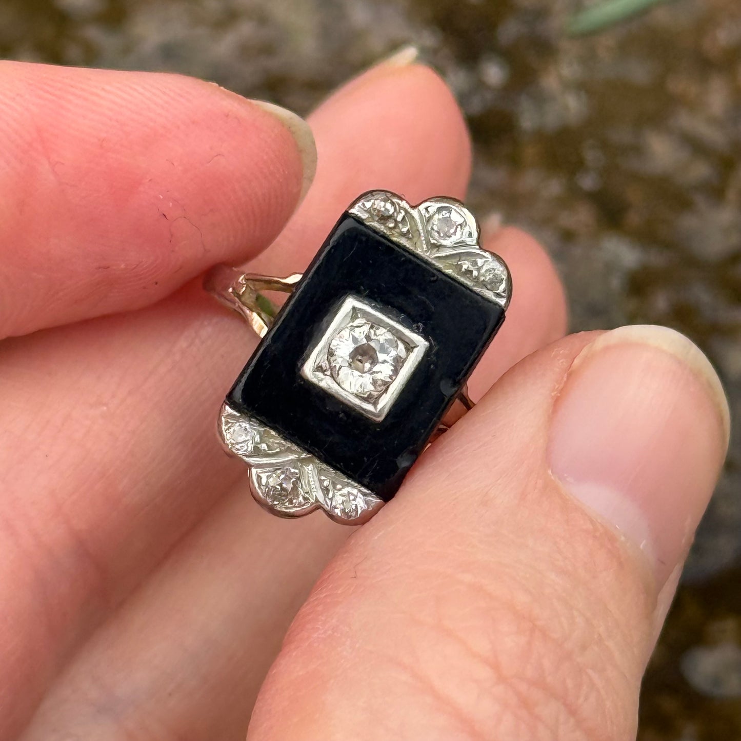 Antique Art Deco Onyx & Diamond Ring; Circa 1920